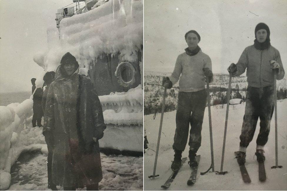 Ian Clive Macintyre during his service in the Arctic Convoy and skiing