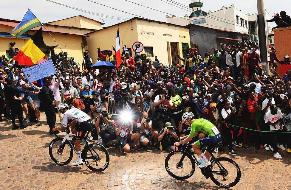 Isaac Del Toro and Tadej Pogacar compete in the breakaway, climbing the Mur de Kigali (Wall of Kigali) cobblestones sector during the Cycling World Championships in Rwanda. Photo by David Ramos