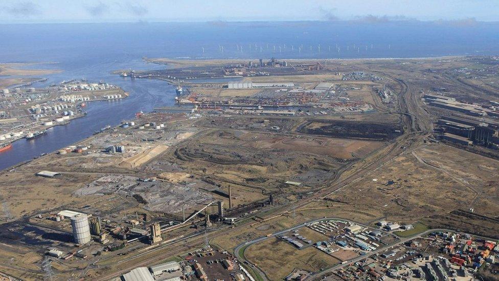 An aerial view of Teesworks. Land is being prepared for construction near the River Tees.