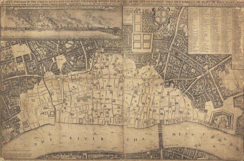 John Leake’s map (or ‘surveigh’) of the City of London after the Great Fire of 1666, created in 1667