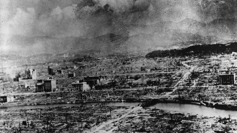 Black and white photograph from 1945 showing the ruins of Nagasaki after the atomic bomb was dropped.