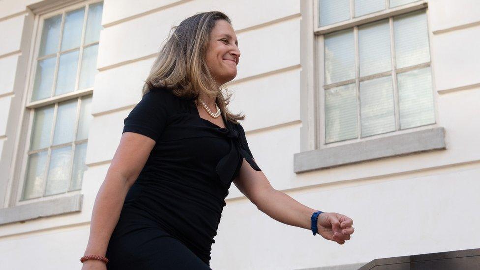 Canadian Foreign Minister Chrystia Freeland arrives for trade talks at the office of the US Trade Representative