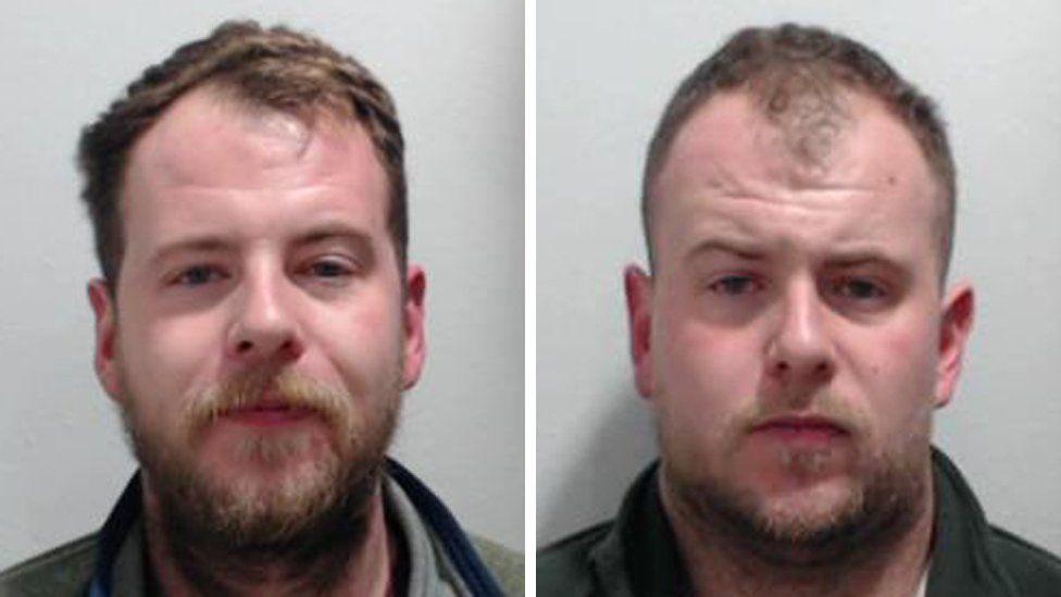 Police mugshots of two men. One on the left, Alexander McKellar, has short brown hair and facial hair. The one on the right, Robert McKellar, also has short brown hair and slightly shorter facial hair than his brother.