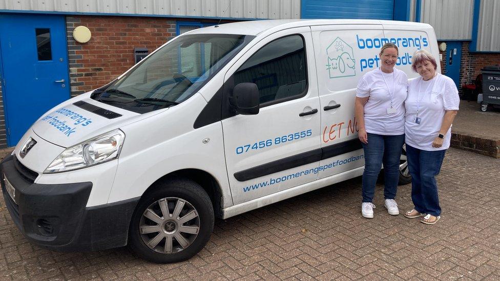 Tanya Rudkin and team member next to Boomerang's Pet Foodbank van in Haverhill