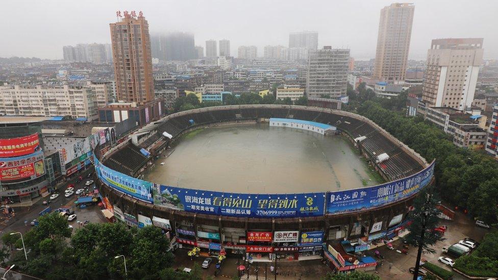 A stadium is flooded after heavy rainfall in Ezhou, Hubei Province