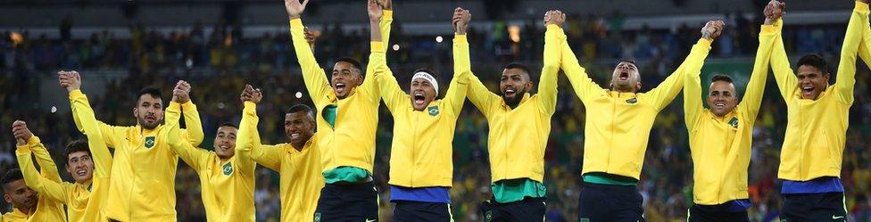 Brazil's football players celebrating after winning the men's football final over Germany in Rio on 20 August 2016