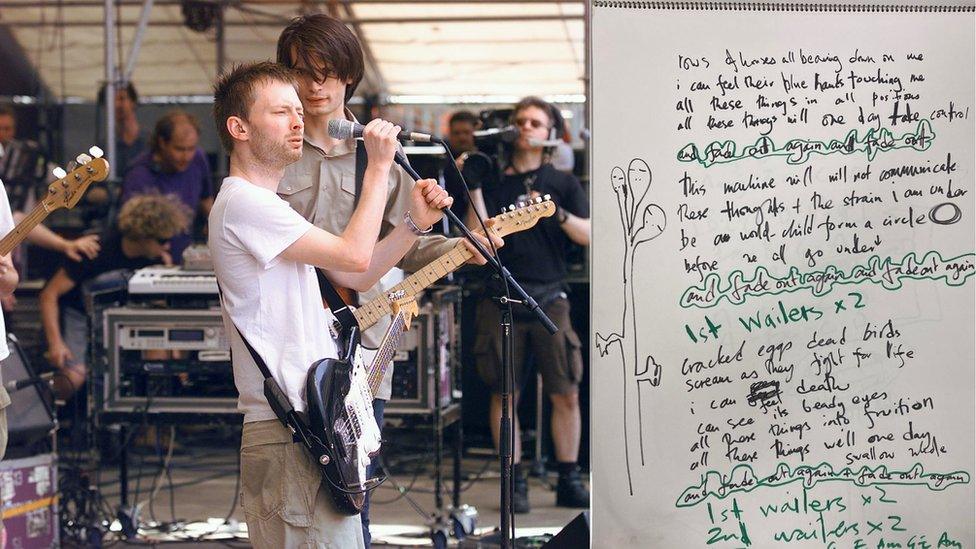 Radiohead and an A2 pad containing notes for their album The Bends