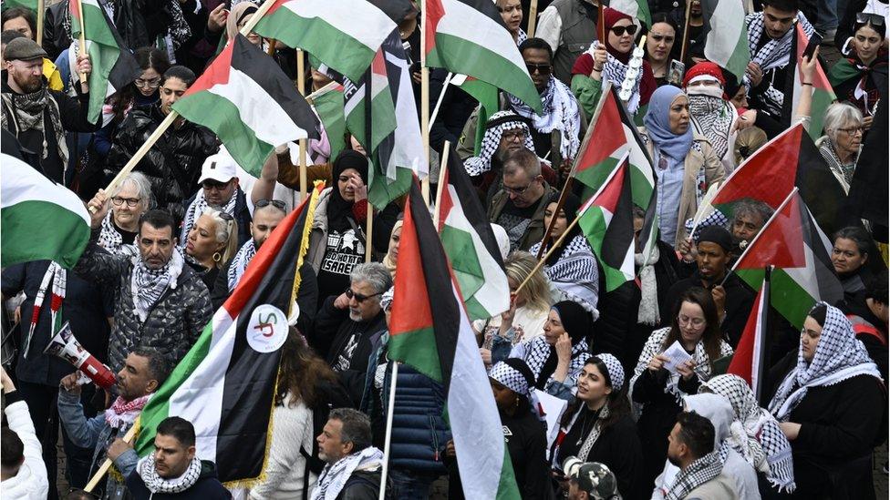 Protesters wave Palestinian flags during the 'Stop Israel' demonstration in Malmo