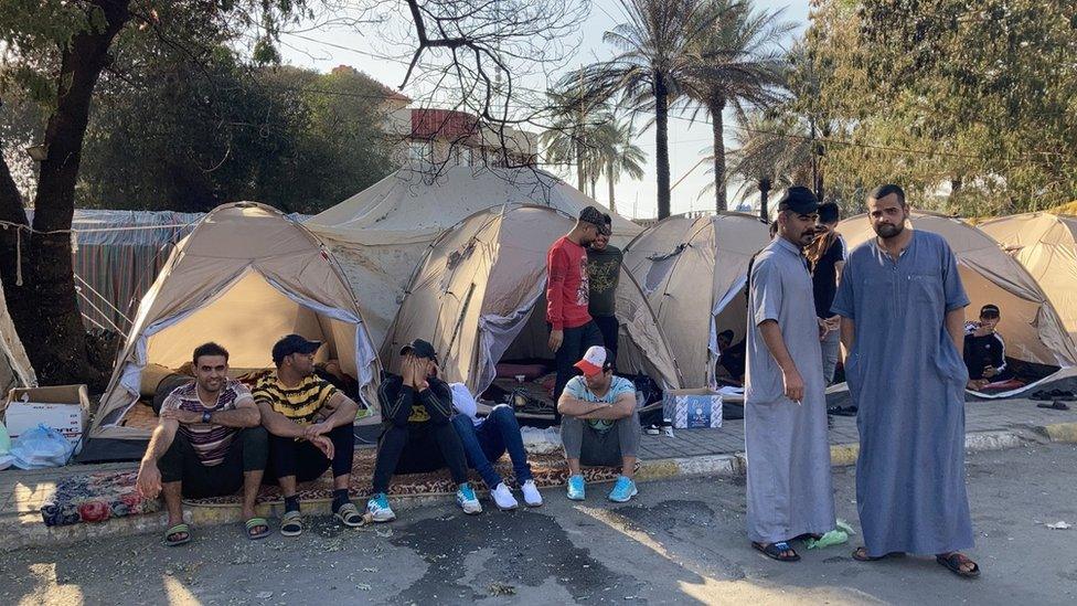 Protest camp set up by supporters of Iran-backed Shia Muslim militias in Baghdad, Iraq