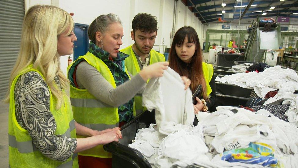 Marcus, Gobi, Holly and Alice at the Oxfam recycling centre