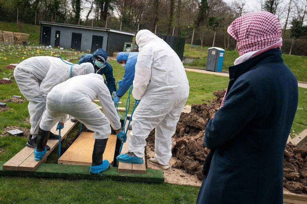 People in hazmat suits burying a coffin