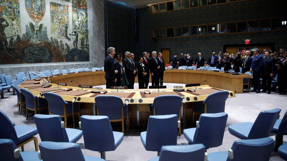 A gathered crowd watch newly elected members in the UN Security Council chamber