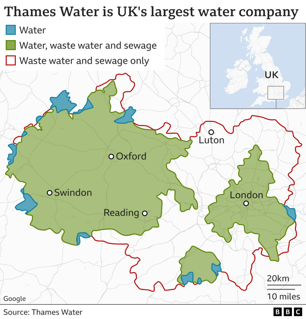 A map showing the area of the UK Thames Water covers, including London, Oxford, Swindon and Reading