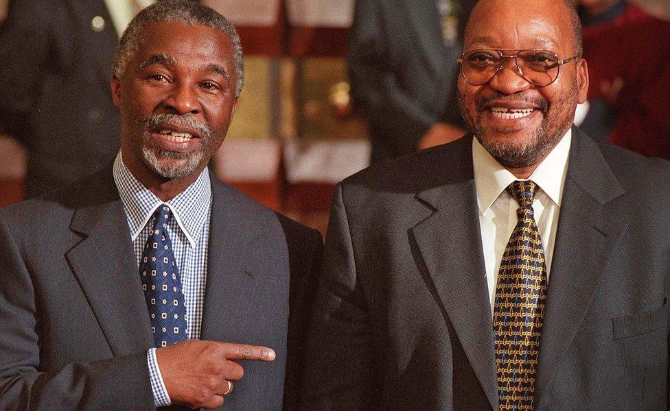 President Thabo Mbeki (L) points jokingly to his deputy Jacob Zuma - June 1999