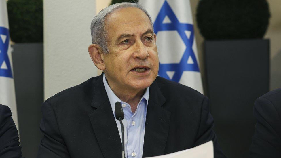 Israeli Prime Minister Benjamin Netanyahu speaks during the weekly cabinet meeting at the Defence Ministry in Tel Aviv, Israel.