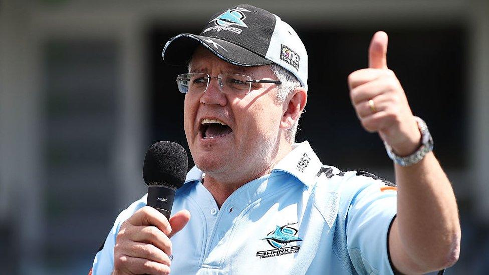 Scott Morrison addresses the crowd during the Cronulla Sharks NRL Grand Final celebrations, 2016