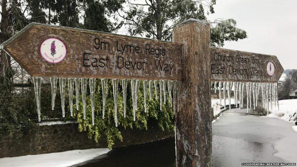 A signpost covered in ice