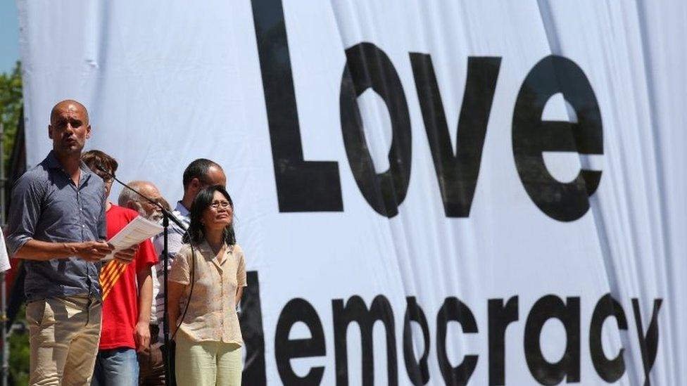 Manchester City's manager Pep Guardiola gives a speech during a pro-independence rally in Barcelona (11 June 2017)