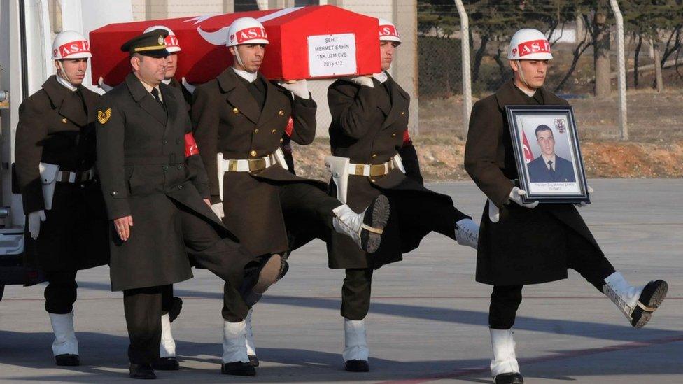 Turkish soldiers carry a comrade killed in a Russian air strike in northern Syria, at the airport in Gaziantep, south-eastern Turkey (10 February 2017)