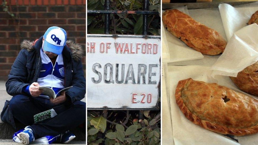 QPR fan, Albert Square sign, Cornish Pasty