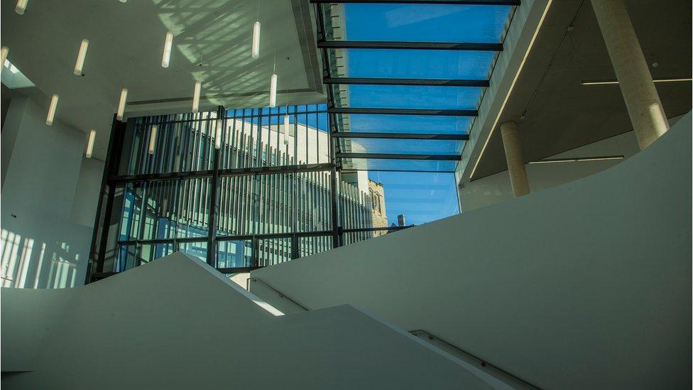 A stairway inside Pontio