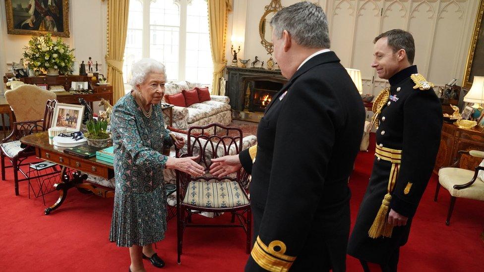 Audience at Windsor Castle: Queen Elizabeth II with Rear Admiral James Macleod and Major General Eldon Millar (right) as she meets the incoming and outgoing Defence Service Secretaries during an in-person audience at Windsor Castle. Rear Admiral Macleod relinquished his appointment as Defence Services Secretary as Major General Millar assumed the role.