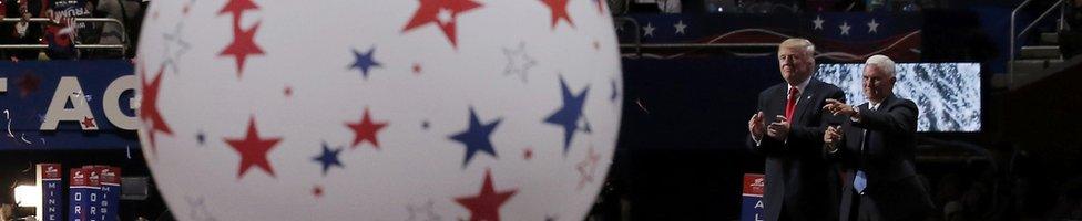 US Republican presidential nominee Donald Trump (l;eft) and his running mate Indiana Governor Mike Pence at the Republican National Convention in Cleveland, Ohio, 21 July