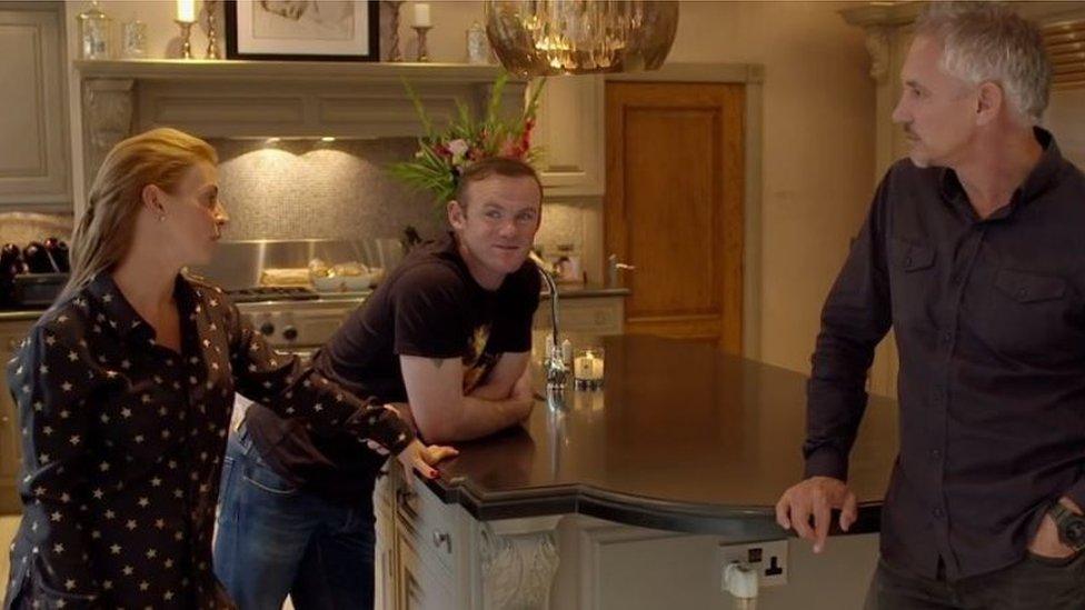 Colleen and Wayne Rooney and Gary Lineker in Rooney's home