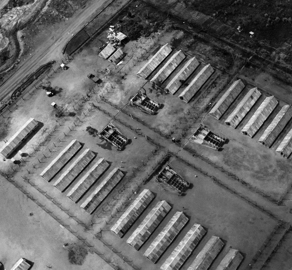 'An aerial view of the 'closed' camp at Hola which houses the Mau Mau detainees who refuse to cooperate with the Kenya Government