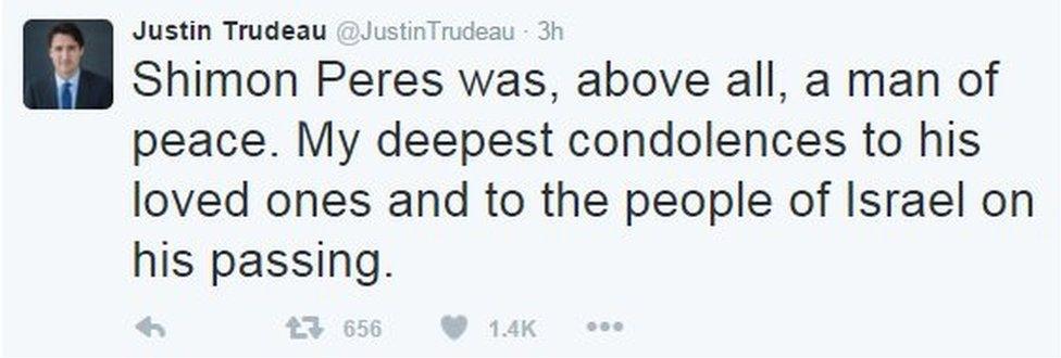 Justin Trudeau Tweet: Shimon Peres was, above all, a man of peace