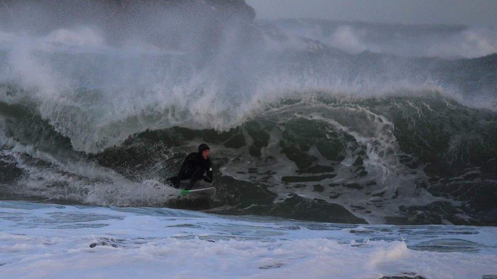 Lloyd Jones surfing at Broad Haven in Pembrokeshire