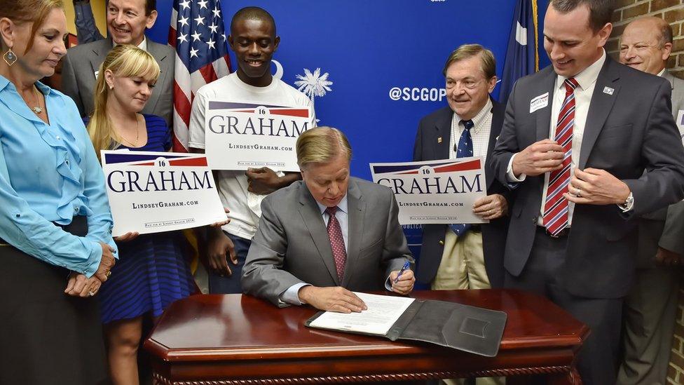 Senator Lindsey Graham signs the paperwork to appear on the South Carolina Republican primary ballot.