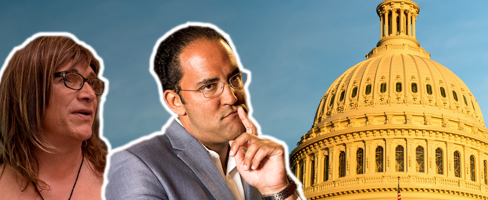 Composite image showing candidates Christine Hallquist and Will Hurd in front of the Capitol building