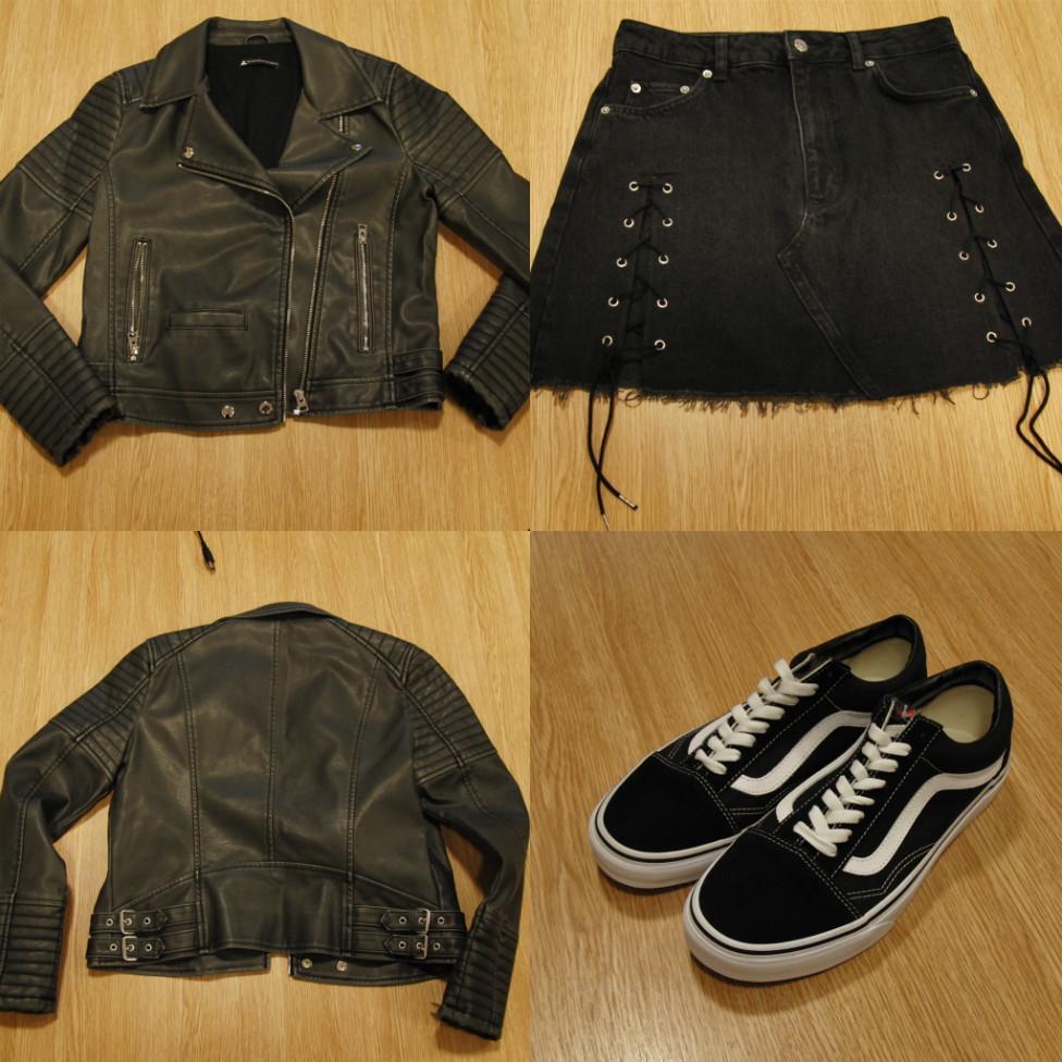 A black leather jacket, denim skirt and Vans "Old Skool" trainers