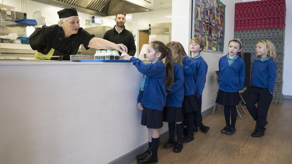 Primary school cook standing in kitchen distributing milk over the counter