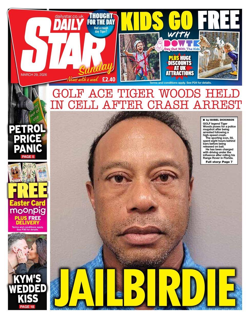 Titulli në faqen e parë të Daily Star Sunday thotë: Asi i golfit Tiger Woods mbahet në qeli pas arrestimit për aksident.