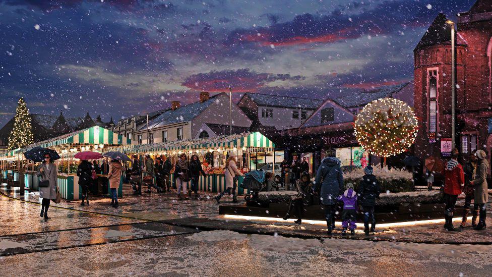 Artist impression of Christmas Market in Malborough Square, Coalville, Leicestershire