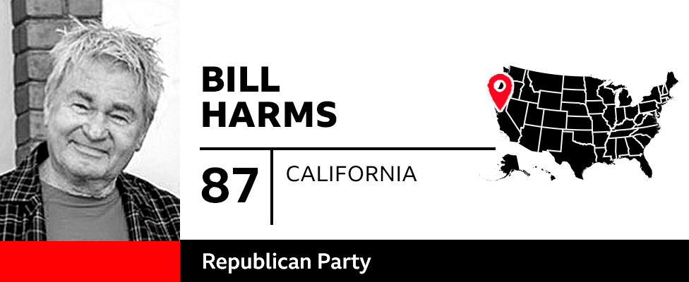 Graphic with photo of Bill Harms, 87, of California