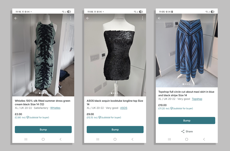 Three screenshots of Vinted listings. The photos of the items show one size but the description has different sizes.