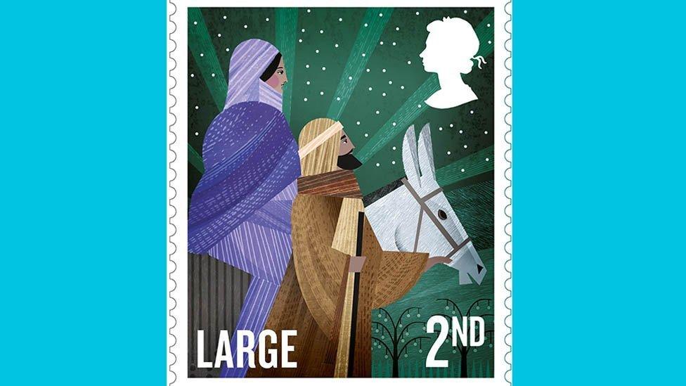 Christmas stamp of Mary and Joseph's journey to Bethlehem