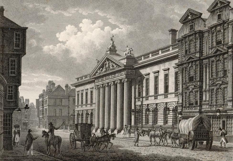 The headquarters of the powerful East India Company, Leadenhall Street, London pictured in 1800