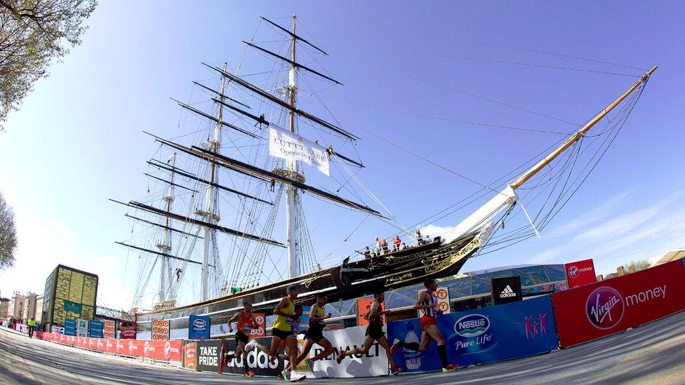 The Elite men run past the Cutty Sark during the Virgin London Marathon April 2012