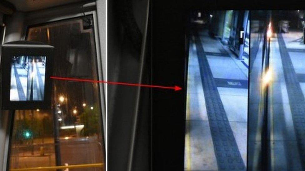 CCTV monitors show drivers side- views of the tram platform