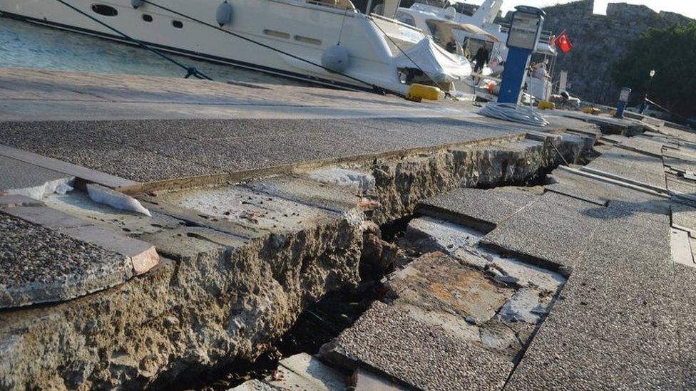 Damage is seen at a port following an earthquake on the island of Kos