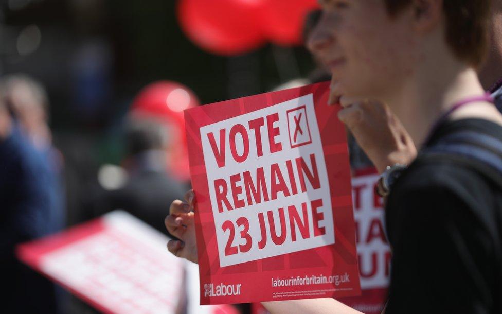 Students hold a "Vote Remain" sign before the referendum