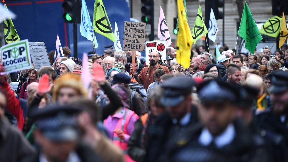 Protesters in Whitehall in London, during an Extinction Rebellion (XR) climate change protest.