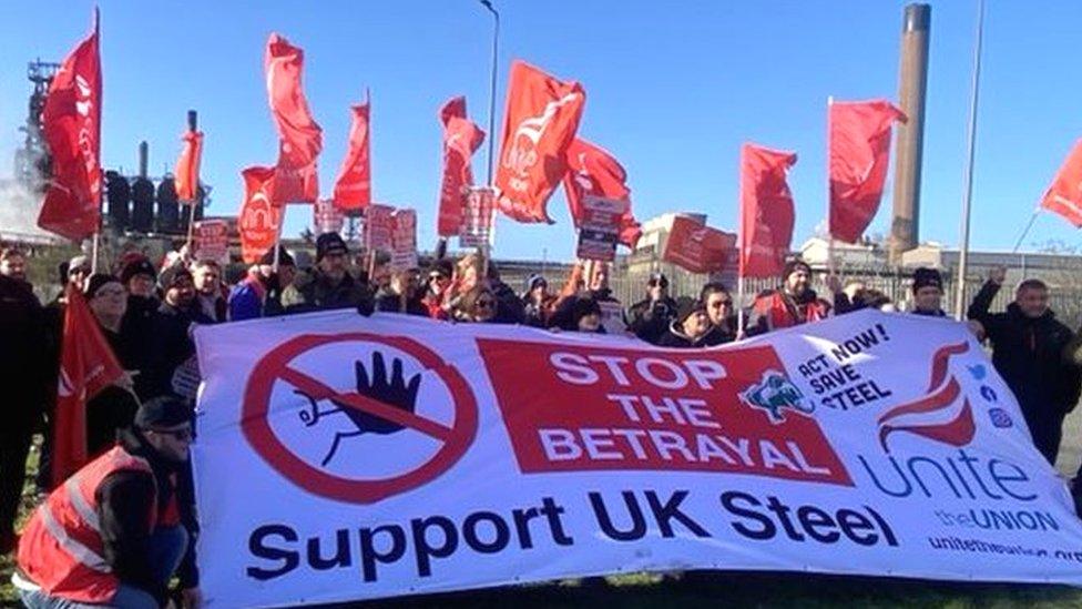 A protest outside Port Talbot's steelworks