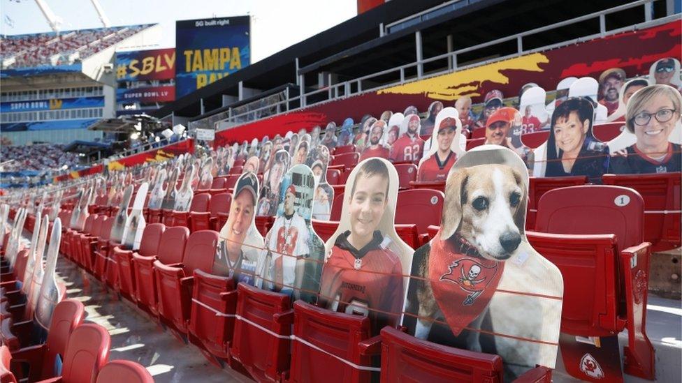 Cutouts of fans in an empty Raymond James Stadium as final preparations continue several hours before the AFC Champion Kansas City Chiefs play the NFC Champion Tampa Bay Buccaneers in the National Football League Super Bowl LV