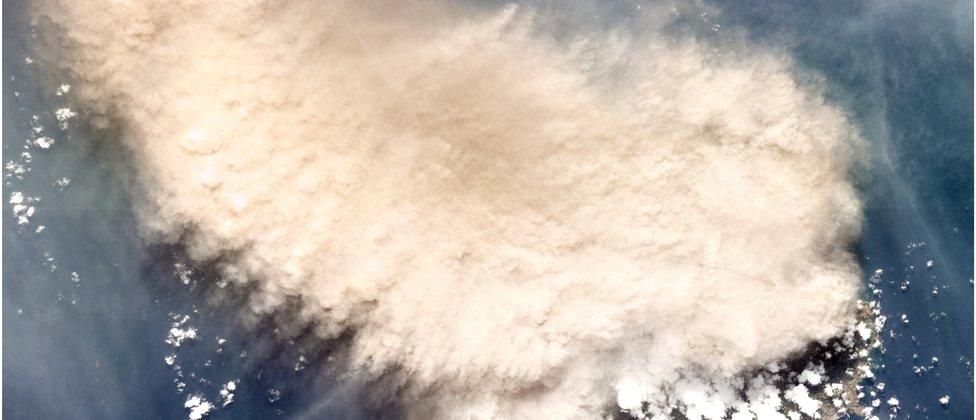 A satellite image following the La Soufrière volcano eruption on the island of St Vincent on 9 April, 2021