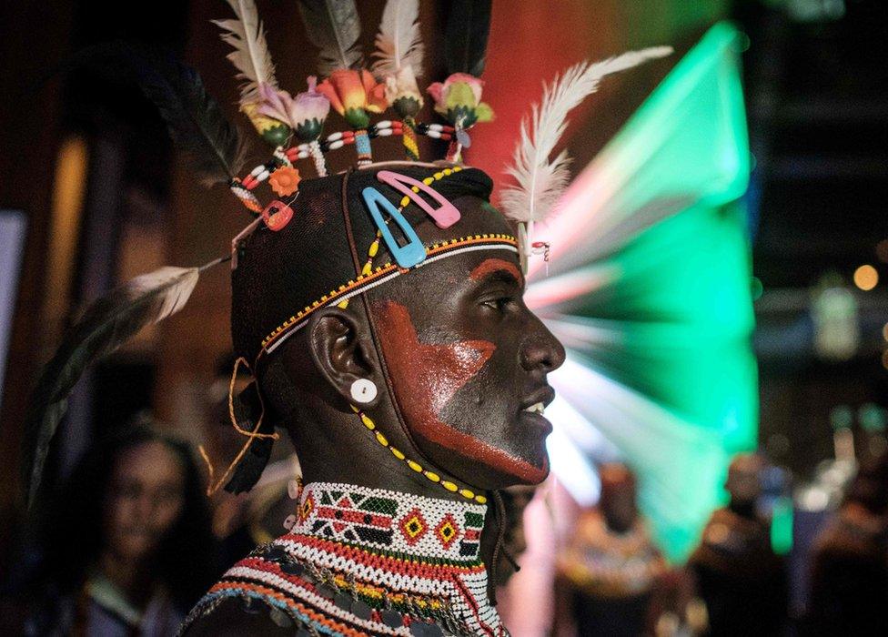 A dancer from Samburu tribe performs with other tribes during the launching ceremony of the 11th Marsabit-Lake Turkana Cultural Festival in Nairobi, Kenya, on June 20, 2018. The annual festival will take place between June 28 and 30, 2018, featuring the cultural traditions of 14 ethnic tribes in Marsabit county, the nothern part of Kenya, to promote tourism and their social inclusiveness.